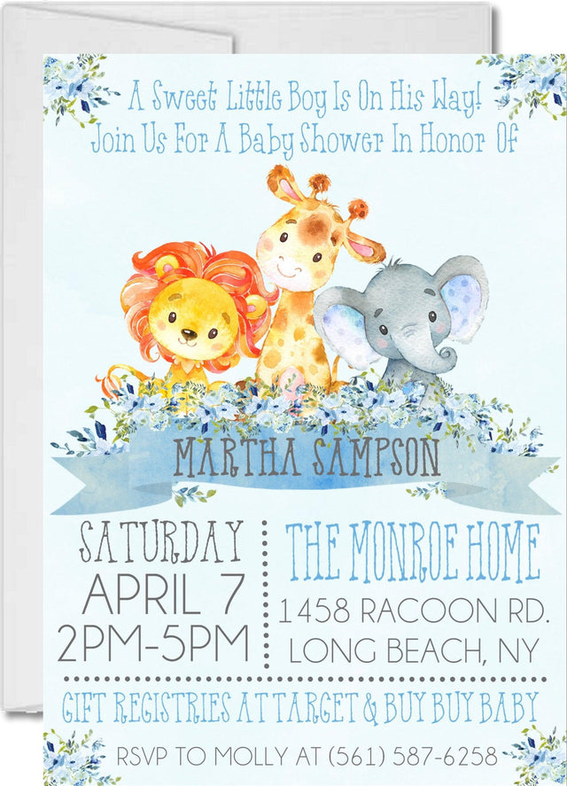 Boys Safari Animals Baby Shower Invitations
