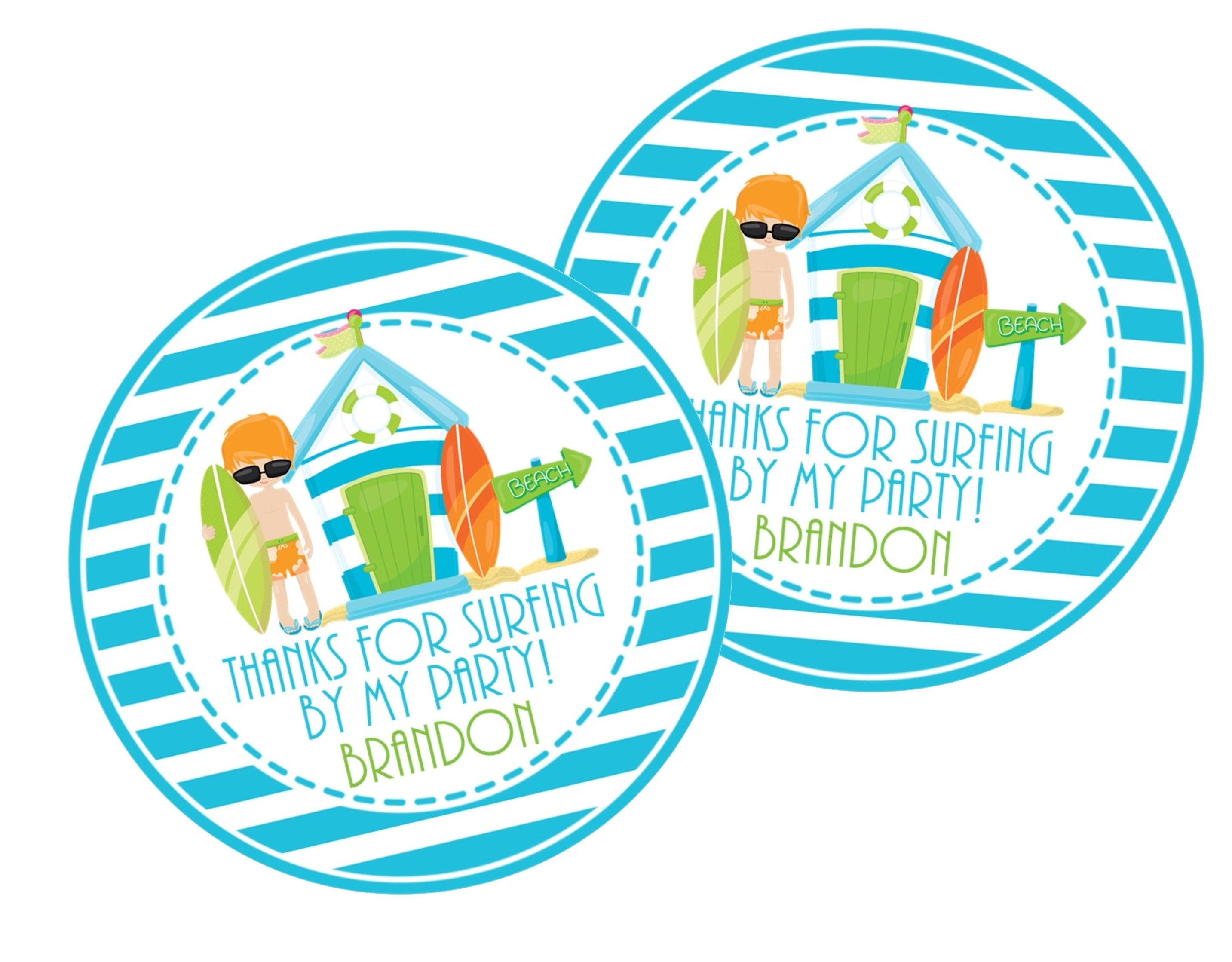 Boys Surfing Birthday Party Stickers or Favor Tags