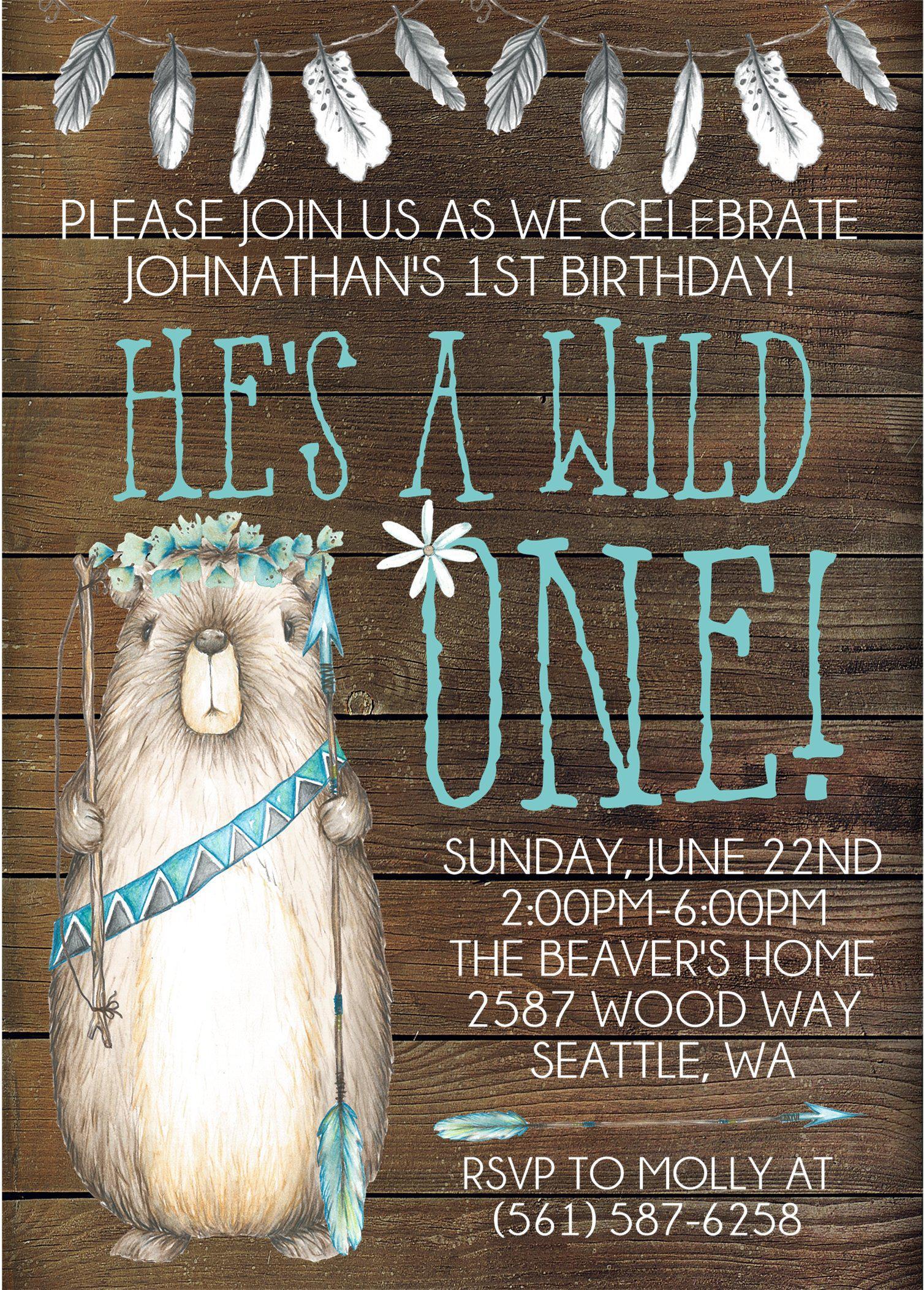 Boys Tribal Woodland Beaver 1st Birthday Party Invitations