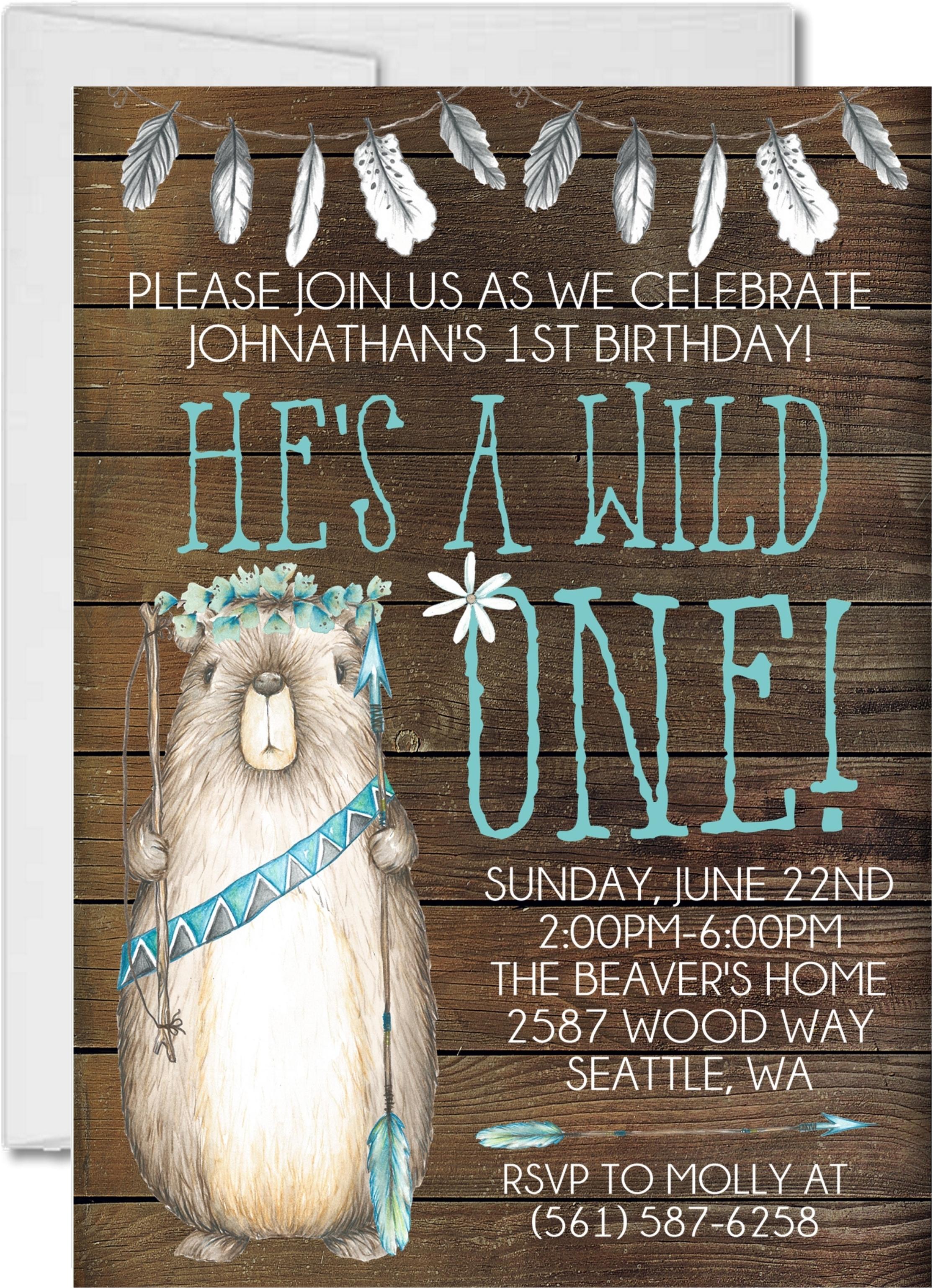 Boys Tribal Woodland Beaver 1st Birthday Party Invitations