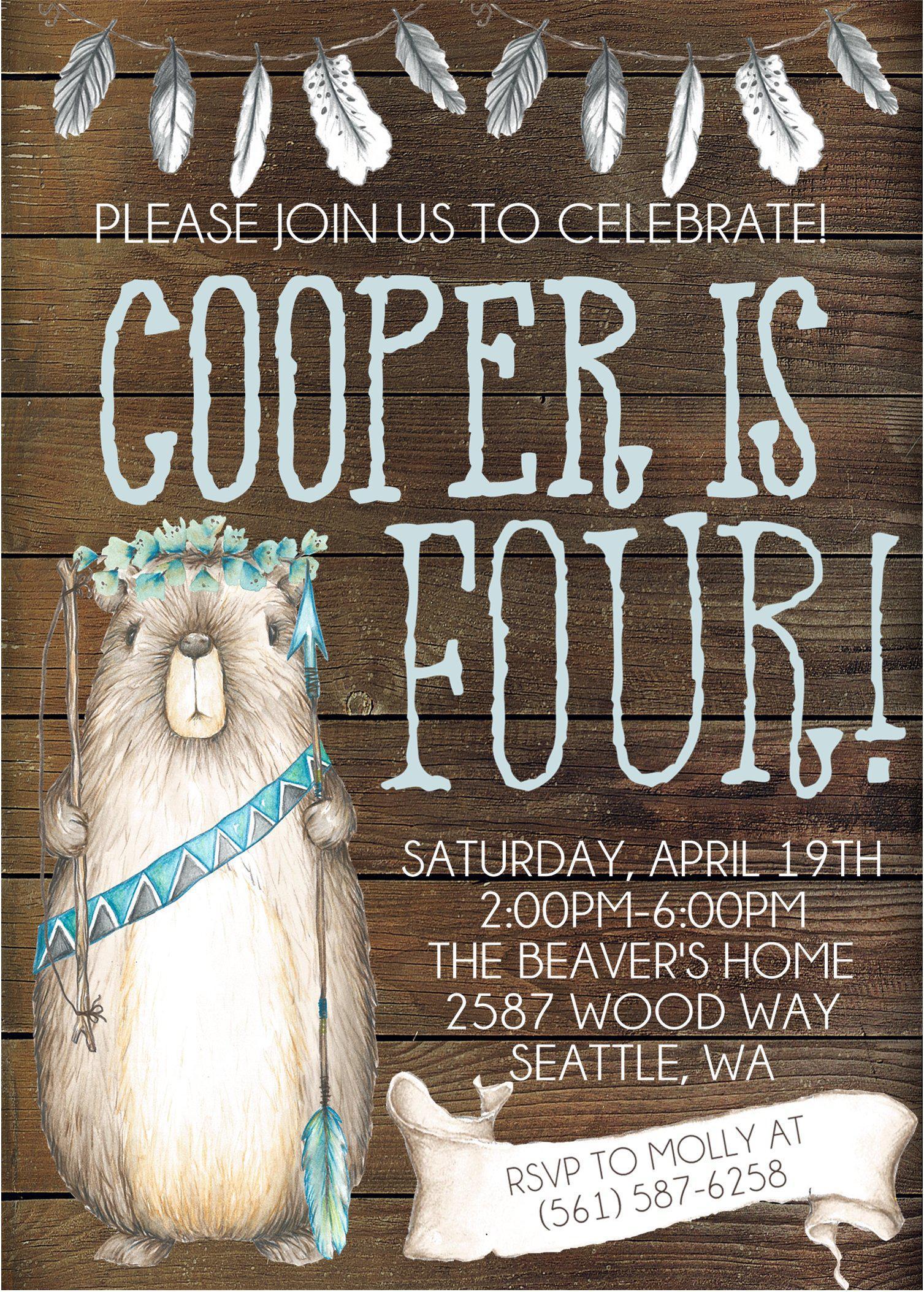 Boys Tribal Woodland Beaver Birthday Party Invitations