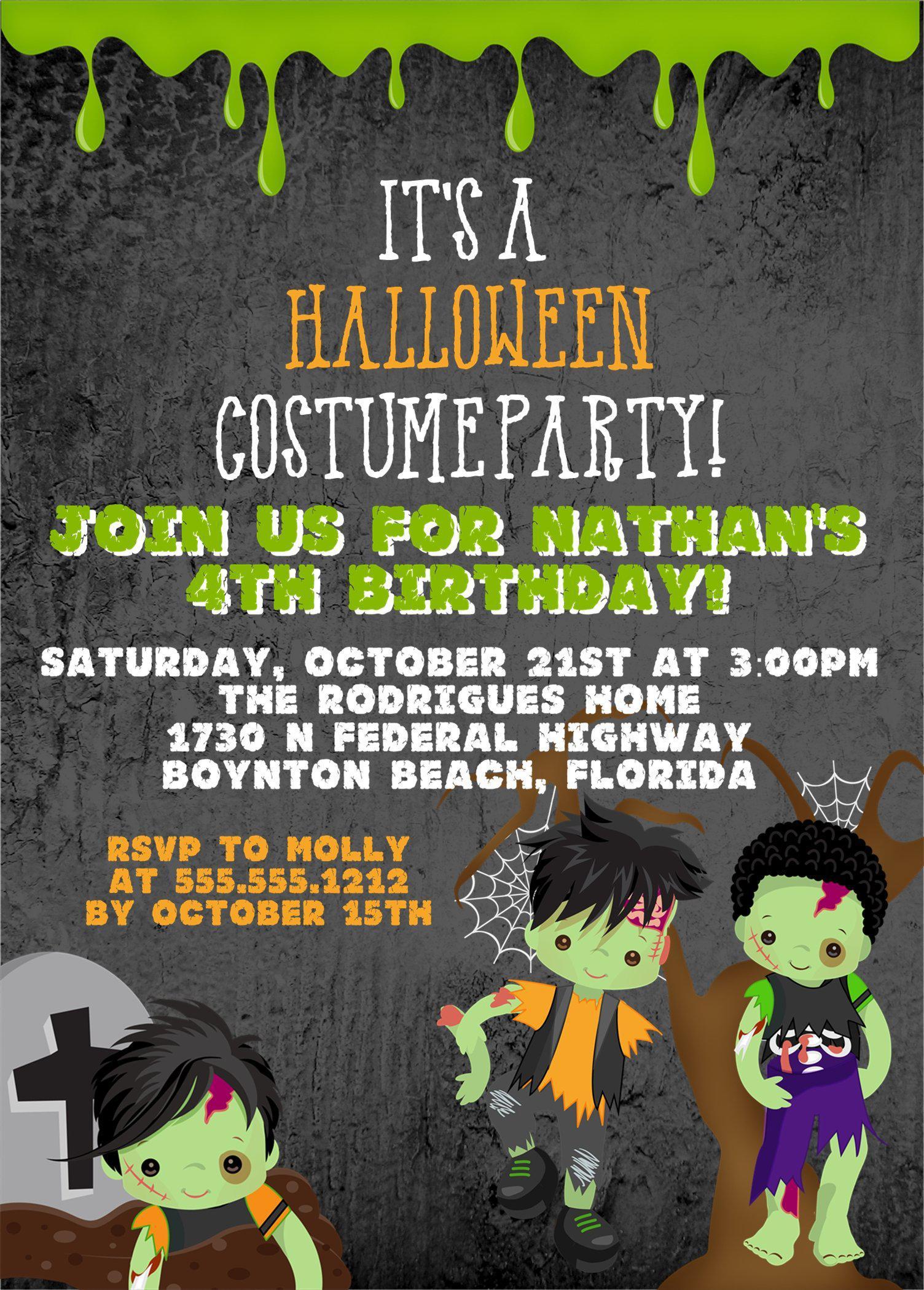 Boys Zombie Halloween Birthday Party Invitations