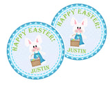 Boys Easter sticker featuring bunny in blue overalls