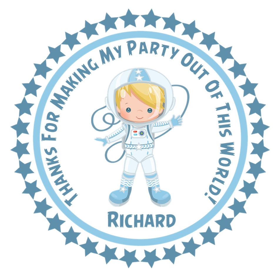 Astronaut Birthday Stickers – Boys Blue Out of This World Party Favor Labels