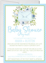 Boys blue baby shower by mail invitations watercolor botanical design
