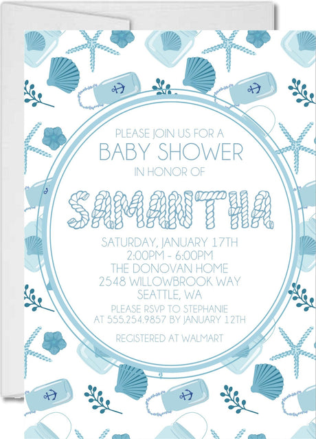 Boys blue beach baby shower invitations starfish seashell lantern design