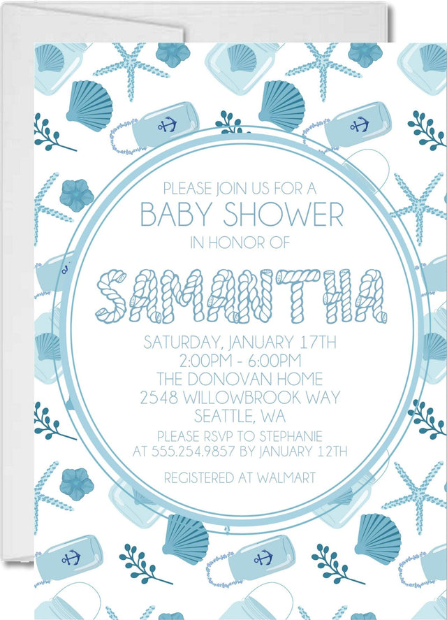 Boys blue beach baby shower invitations starfish seashell lantern design