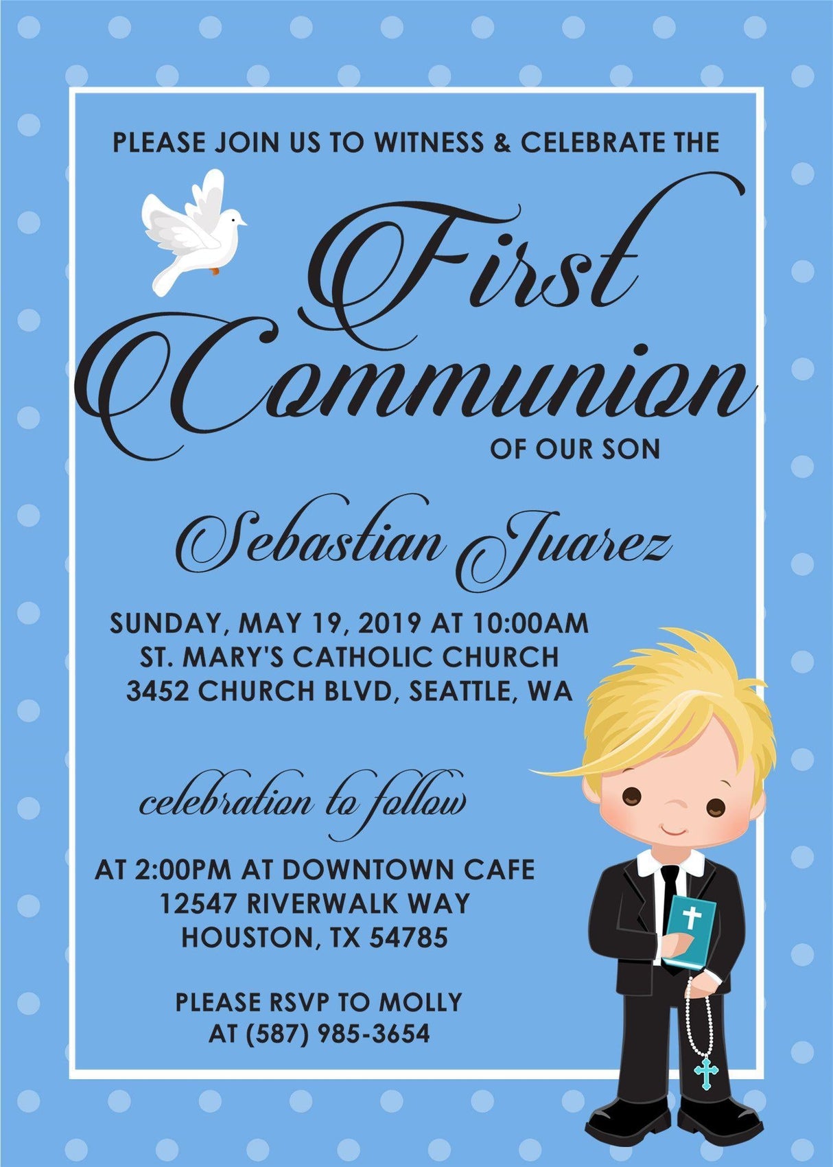 Boys blue communion invitation with character