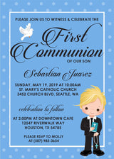 Boys blue communion invitation with character