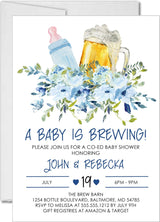 Boys blue floral beer baby shower invitations