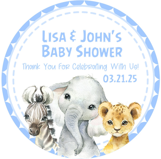 Boys blue safari baby shower stickers with elephant lion and zebra