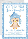 Boys blue winter owl 1st birthday party invitation