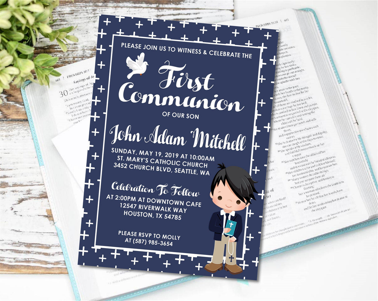 Boys communion invitation with character