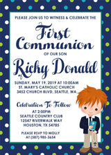 Boys communion invitation with character illustration
