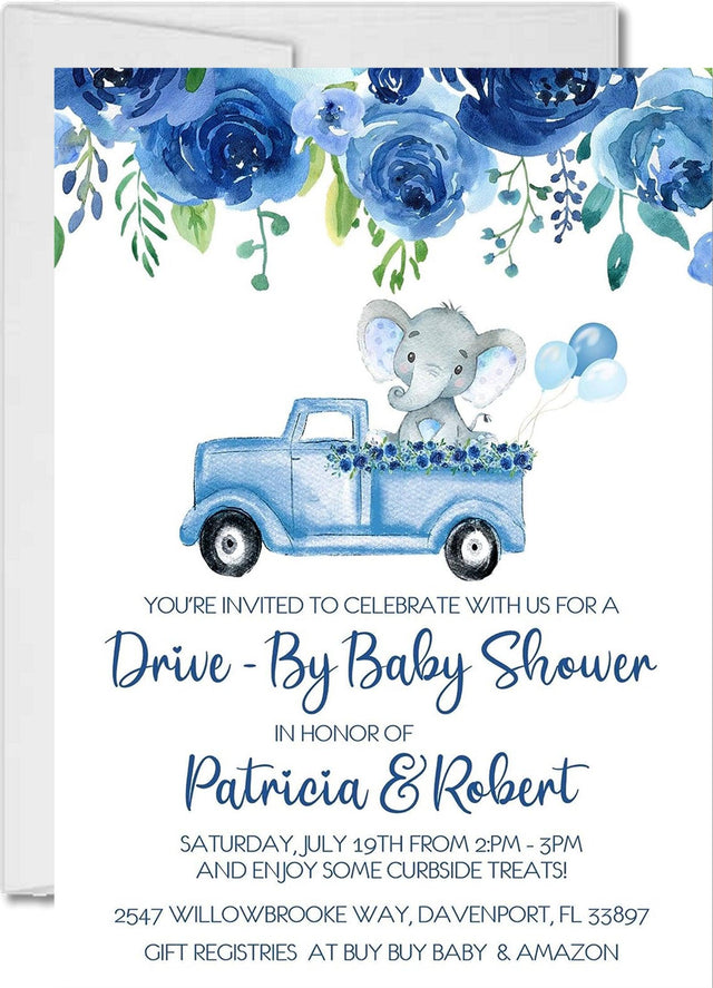 Boys elephant baby shower parade invitation cards