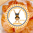 Boys gymnastics birthday sticker with orange and gray handstand design