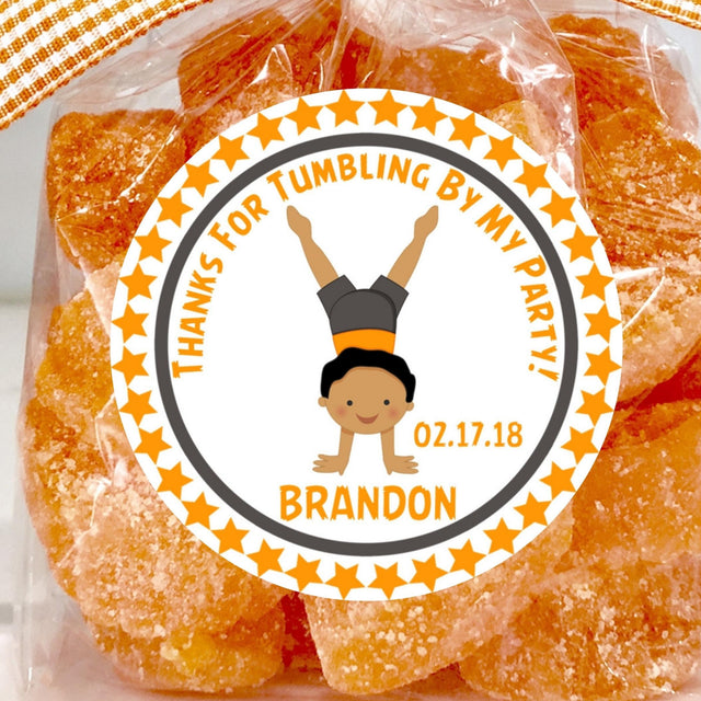 Boys gymnastics birthday sticker with orange and gray handstand design