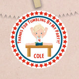 Boys gymnastics birthday sticker with red stars and gymnast on bench