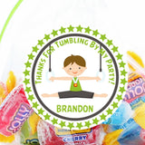 Boys gymnastics birthday stickers with green rings gymnast