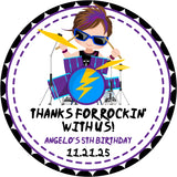Boys rock roll drummer birthday sticker favor labels