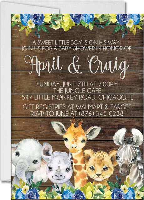 Boys rustic jungle baby shower invitations dark wood floral design