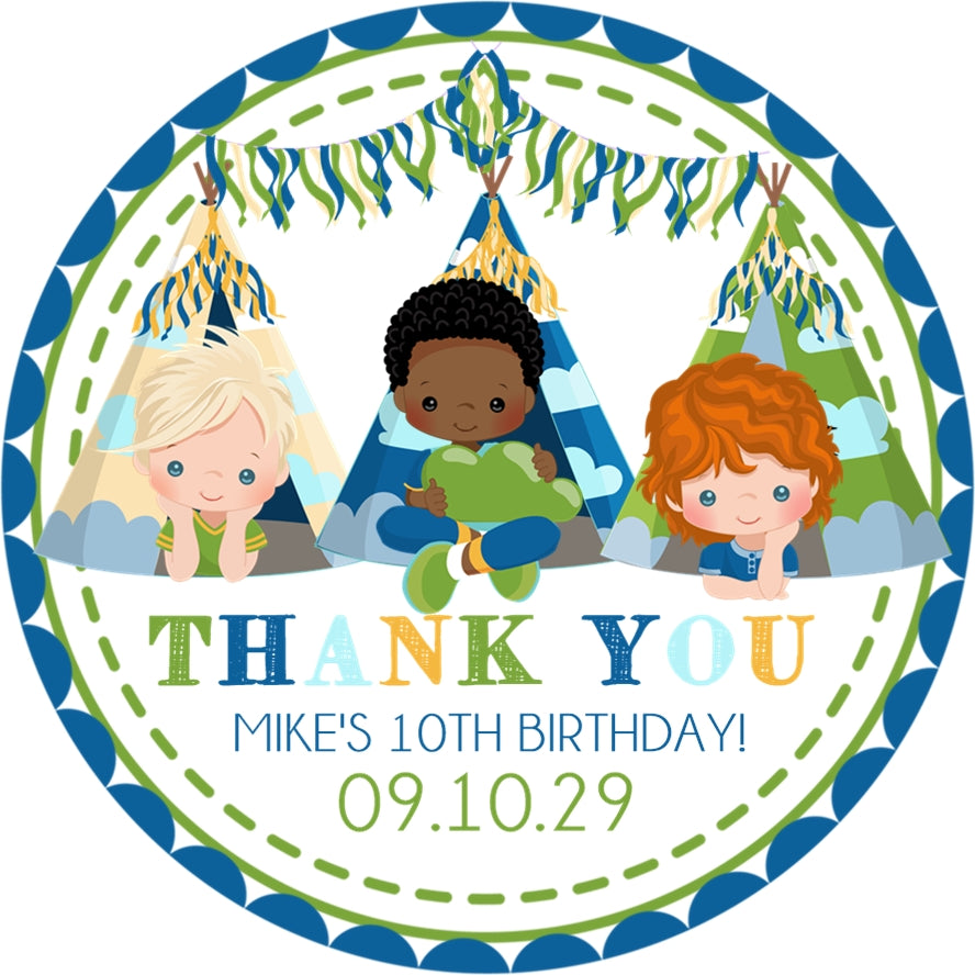 Boys sleepover birthday sticker with teepee and character design