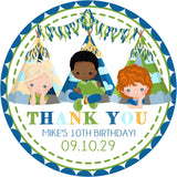 Boys sleepover birthday sticker with teepee and character design