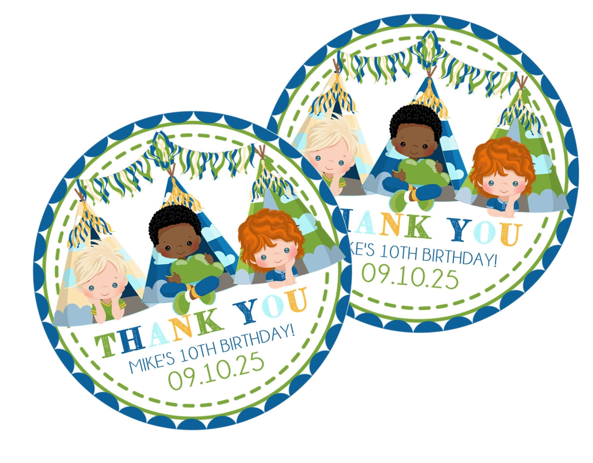 Boys slumber party birthday stickers with campout tent friends