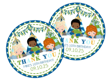 Boys slumber party birthday stickers with campout tent friends