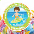 Boys surfing birthday sticker with surfer boy character