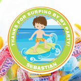 Boys surfing birthday sticker with surfer boy character