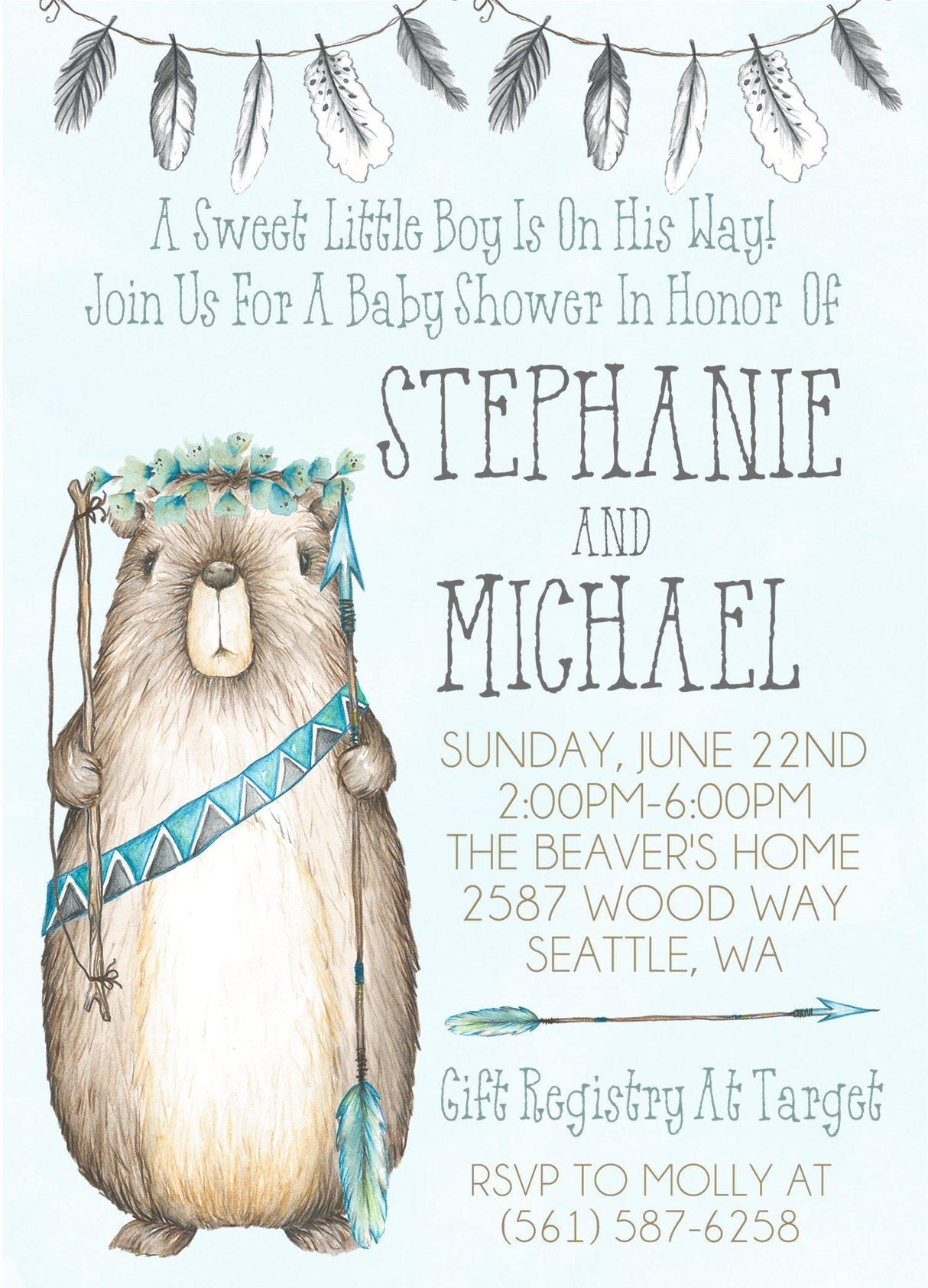 Boys tribal beaver baby shower invitations