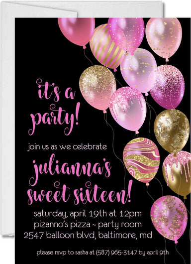 Bright Pink, Gold And Black Balloon Sweet 16 Party Invitations