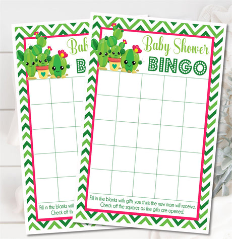 Bright cactus baby shower bingo printable game card