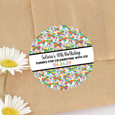 Bright multicolor butterfly party favor label