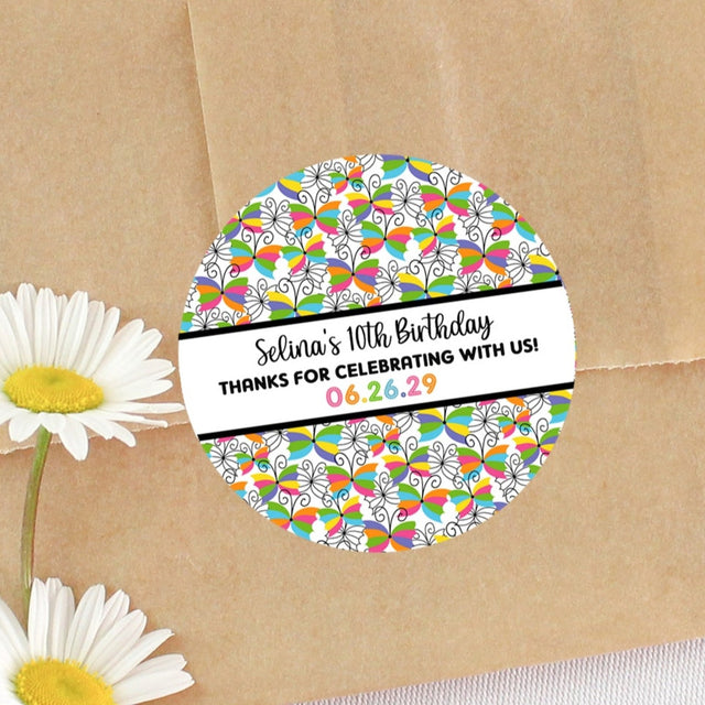 Bright multicolor butterfly party favor label