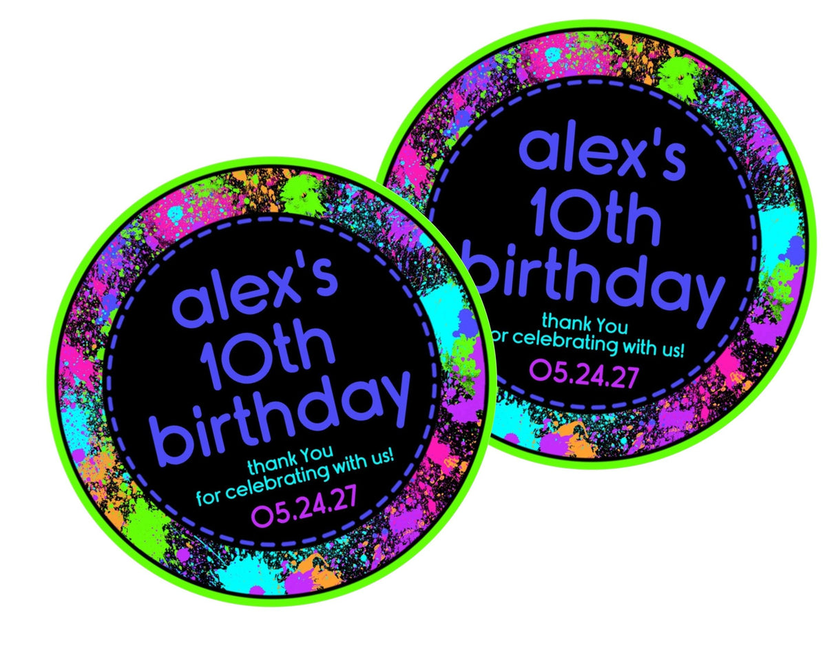 Bright paintball splatter party favor label in neon colors