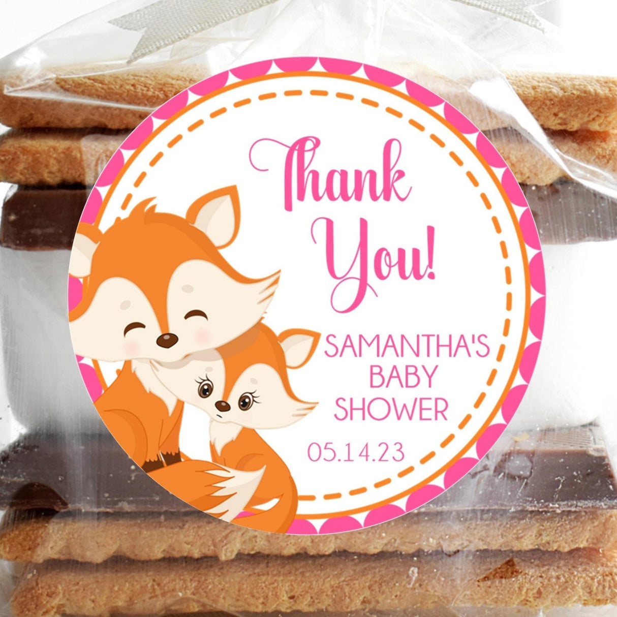 Bright pink woodland fox baby shower sticker