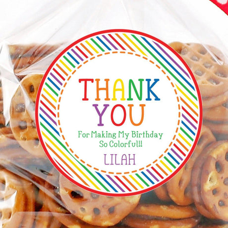 Bright rainbow birthday sticker with bold stripes and personalized name