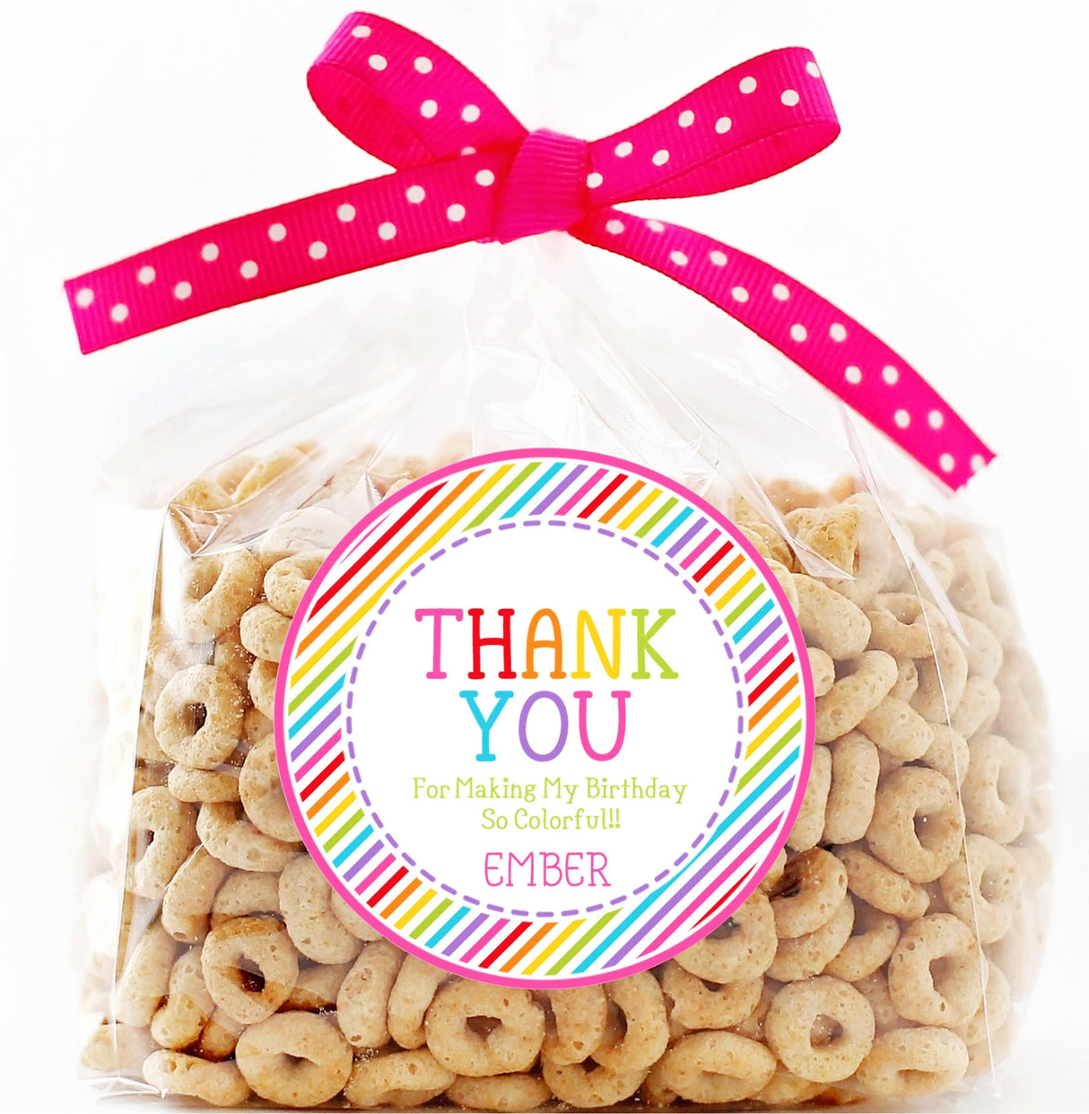 Bright rainbow thank-you sticker for birthday treat bags