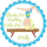 Brown-haired gymnast birthday favor sticker with aqua scalloped border