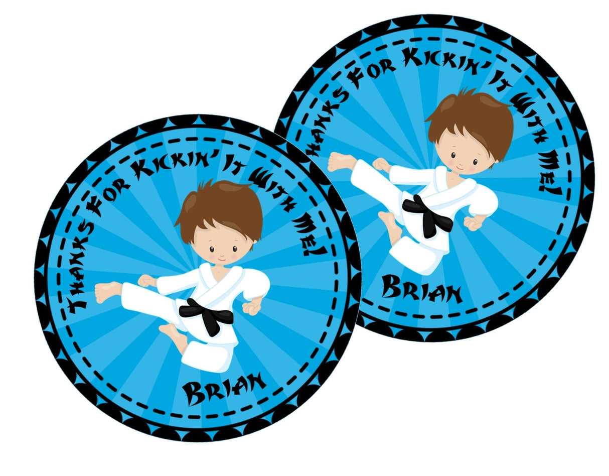 Brown-haired karate character kicking on blue burst background
