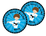 Brown-haired karate character kicking on blue burst background