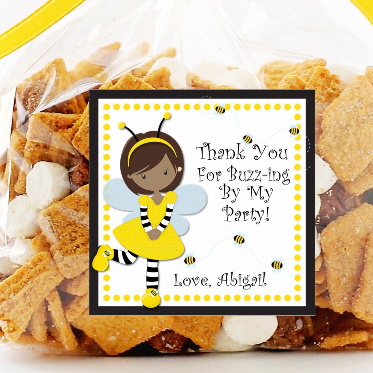 Brown-skinned bee girl birthday sticker with yellow polka-dot dress.