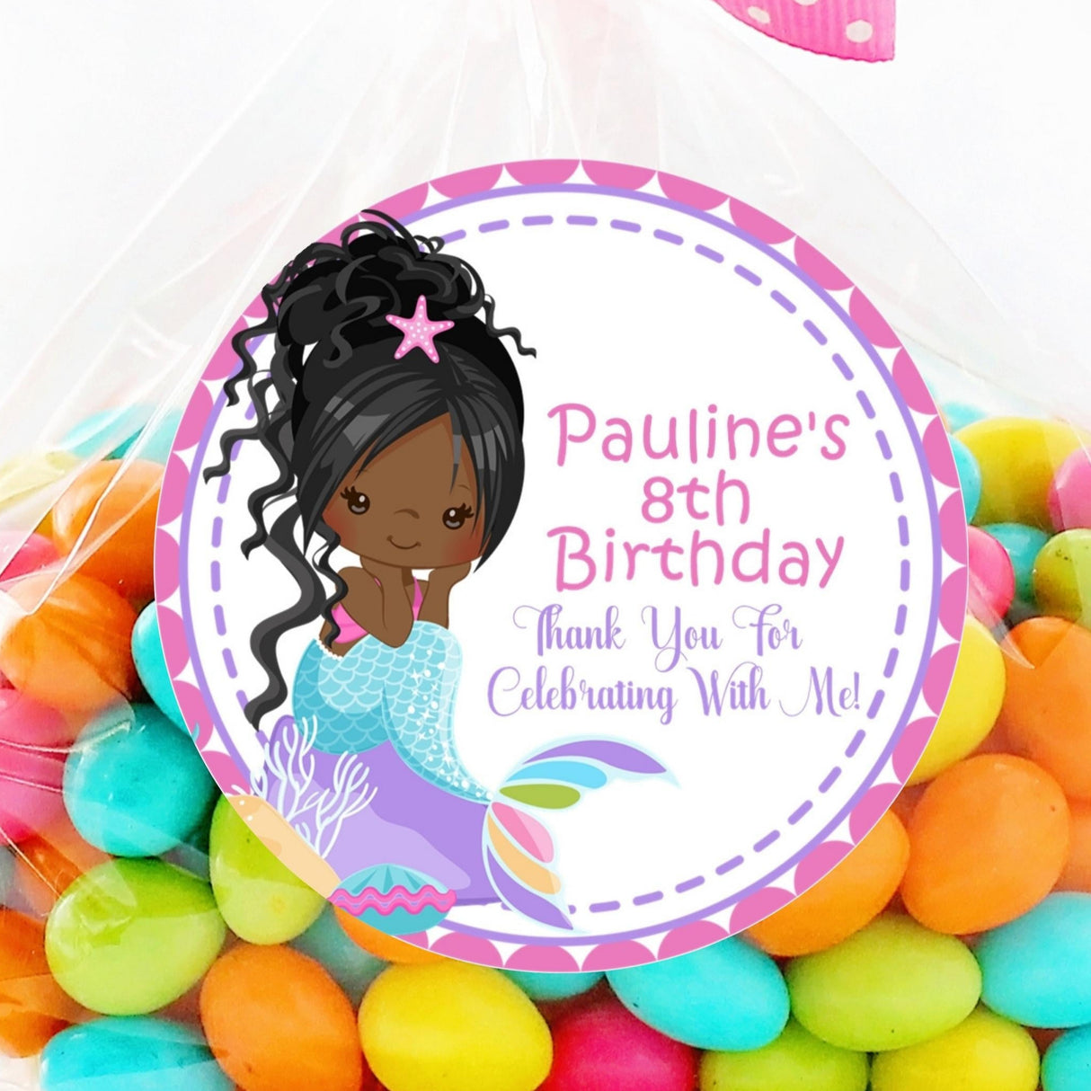 Brown-skinned mermaid birthday sticker with pastel aqua tail