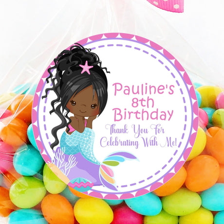 Brown-skinned mermaid birthday sticker with pastel aqua tail