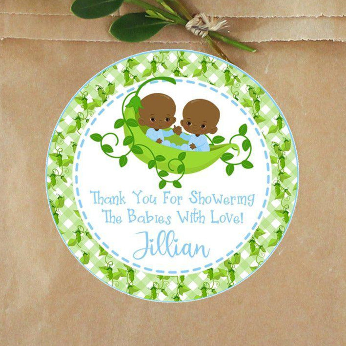 Brown-skinned twin boys pea pod baby shower sticker with green plaid border