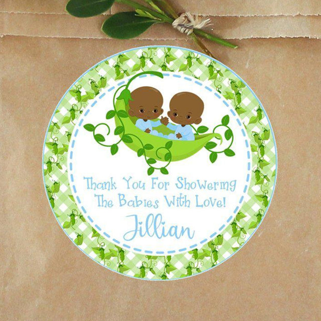 Brown-skinned twin boys pea pod baby shower sticker with green plaid border