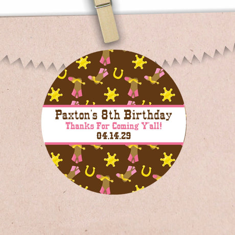 Brown cowgirl birthday stickers with boots and stars