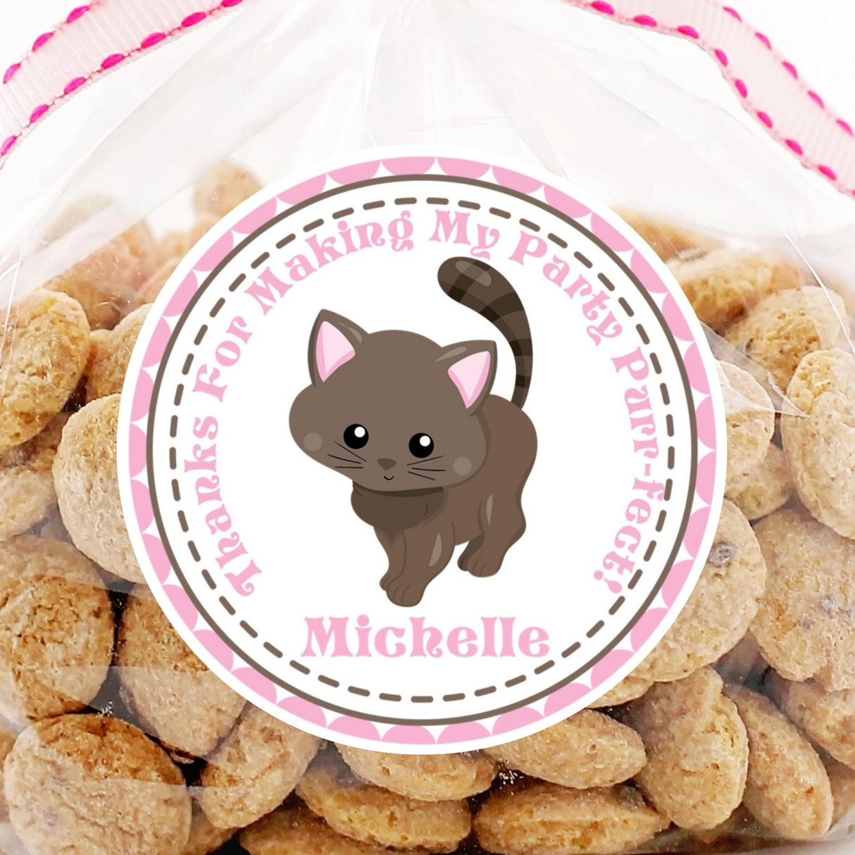 Brown kitty birthday sticker with pink border